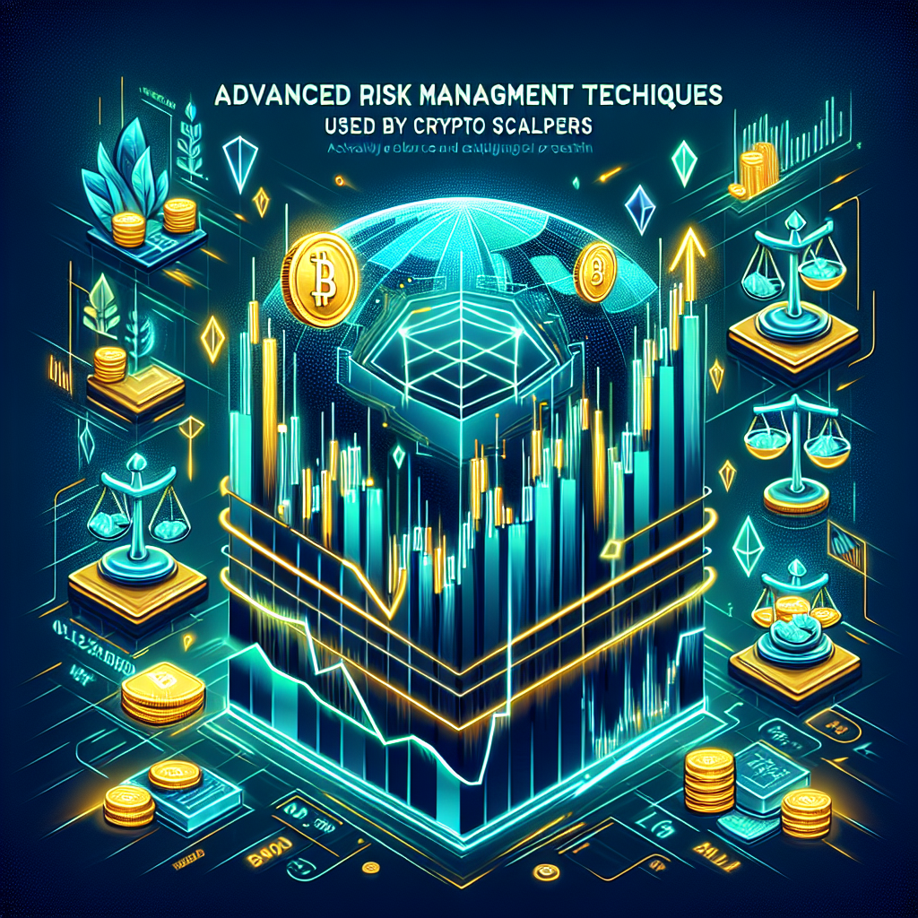 A vivid illustration depicting advanced risk management techniques for crypto scalpers, featuring energetic visuals of digital currency graphs, protective shields, and traders in high-pressure scenarios.