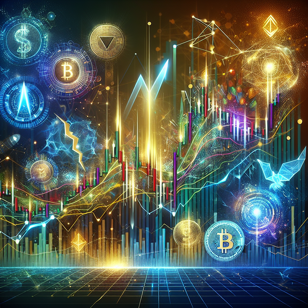 A vibrant and energetic illustration depicting advanced trading techniques in the cryptocurrency market, featuring sharp visuals of candlestick charts, digital assets, and high-speed market movements.