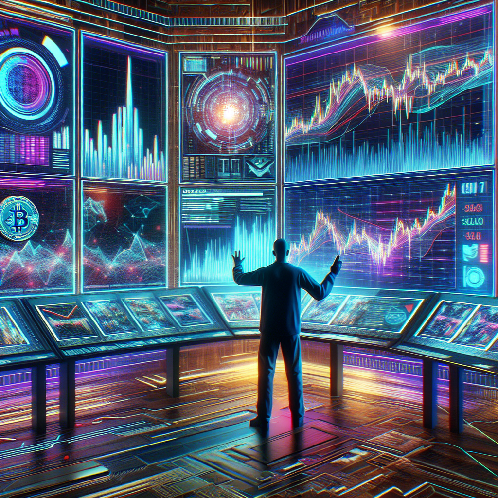 A vibrant illustration depicting a futuristic trader monitoring multiple screens displaying market charts, crypto coins, and news tickers. The atmosphere is intense and energetic, symbolizing swift reactions to market-moving events.