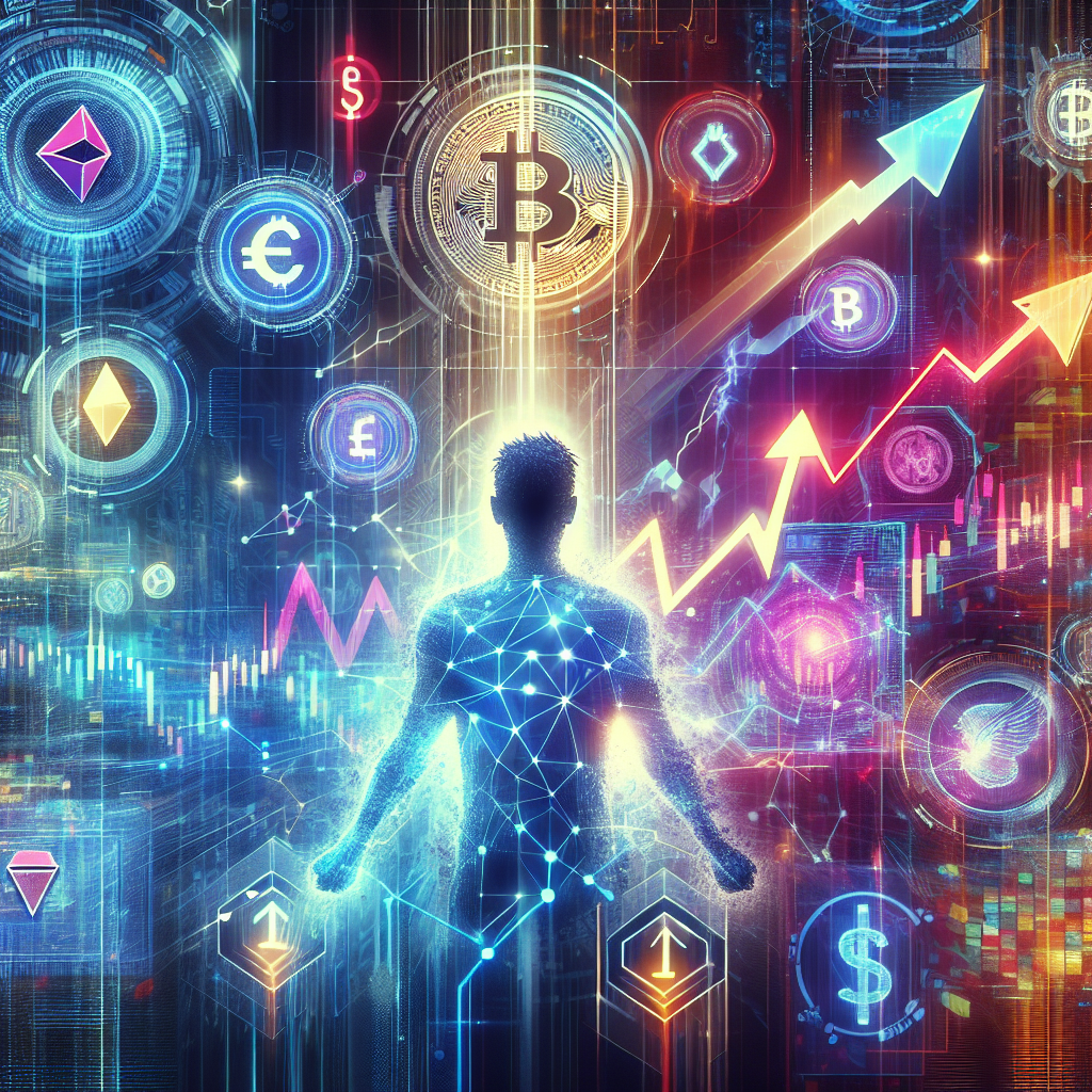 An artistic representation of the crypto market with vibrant colors, incorporating symbols of money, charts, and a dynamic figure analyzing data, showcasing the concept of innovative risk-reward models in a volatile environment.
