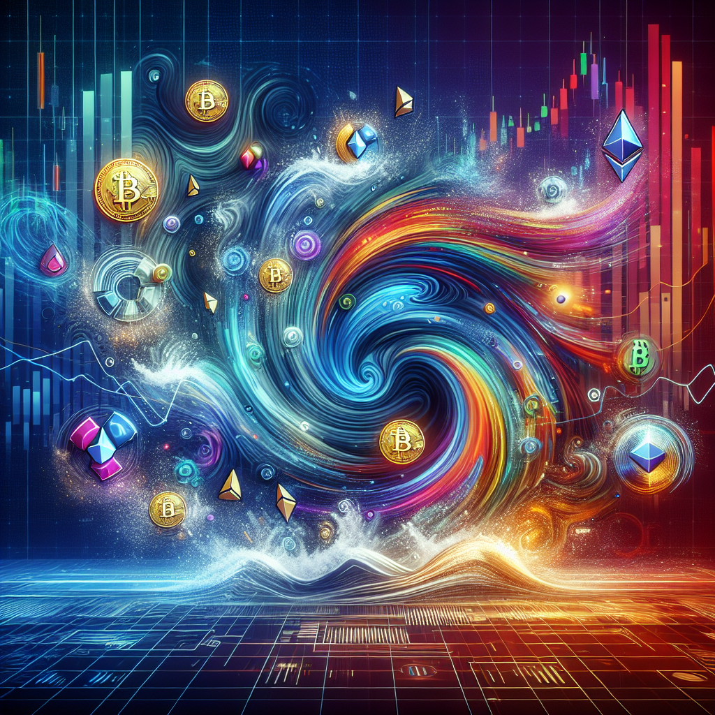 An illustration depicting dynamic liquidity pools in decentralized finance (DeFi), showcasing vibrant graphs and energetic cryptocurrency symbols intertwined in a futuristic landscape.