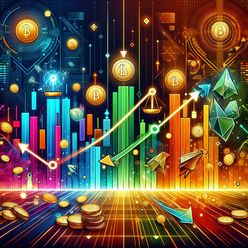 An energetic and dynamic illustration depicting the contrasts between small and large account scalping strategies in cryptocurrency trading, featuring vibrant graphs, bold colors, and symbolic representations of leverage.