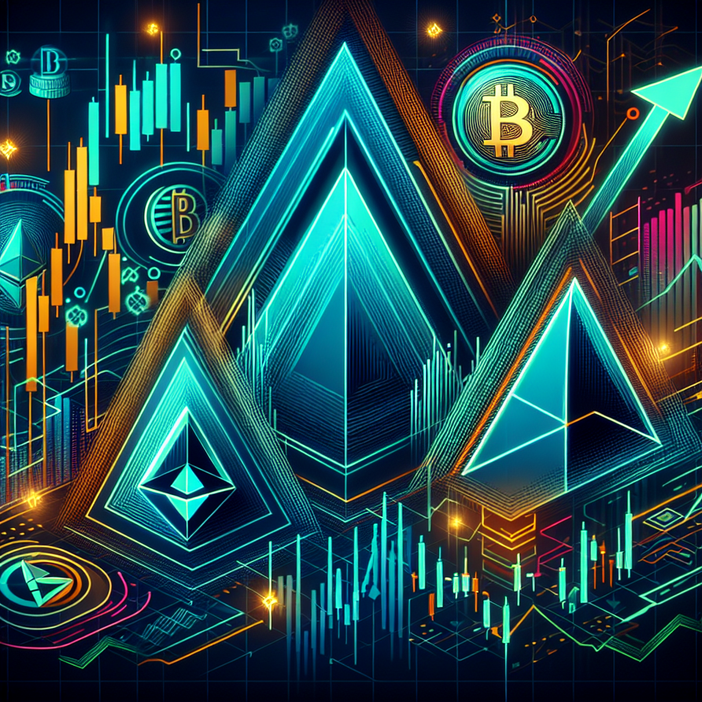 A vibrant and dynamic illustration depicting advanced chart patterns in a crypto trading context, featuring sharp lines, energetic colors, and elements like candlestick charts, bullish and bearish trends, and cryptographic symbols.