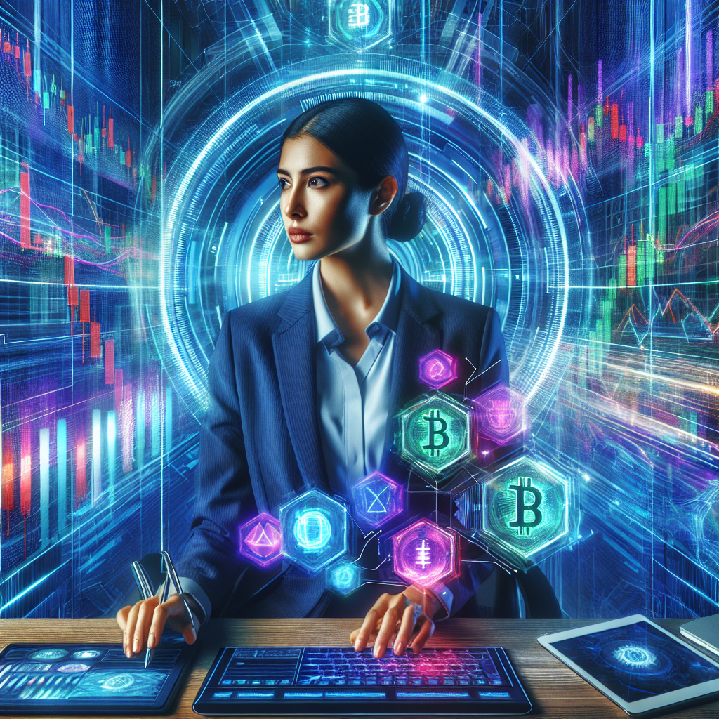 A vibrant illustration depicting advanced crypto trading techniques with energetic visuals, showcasing a trader surrounded by dynamically flowing graphs and digital currency symbols.