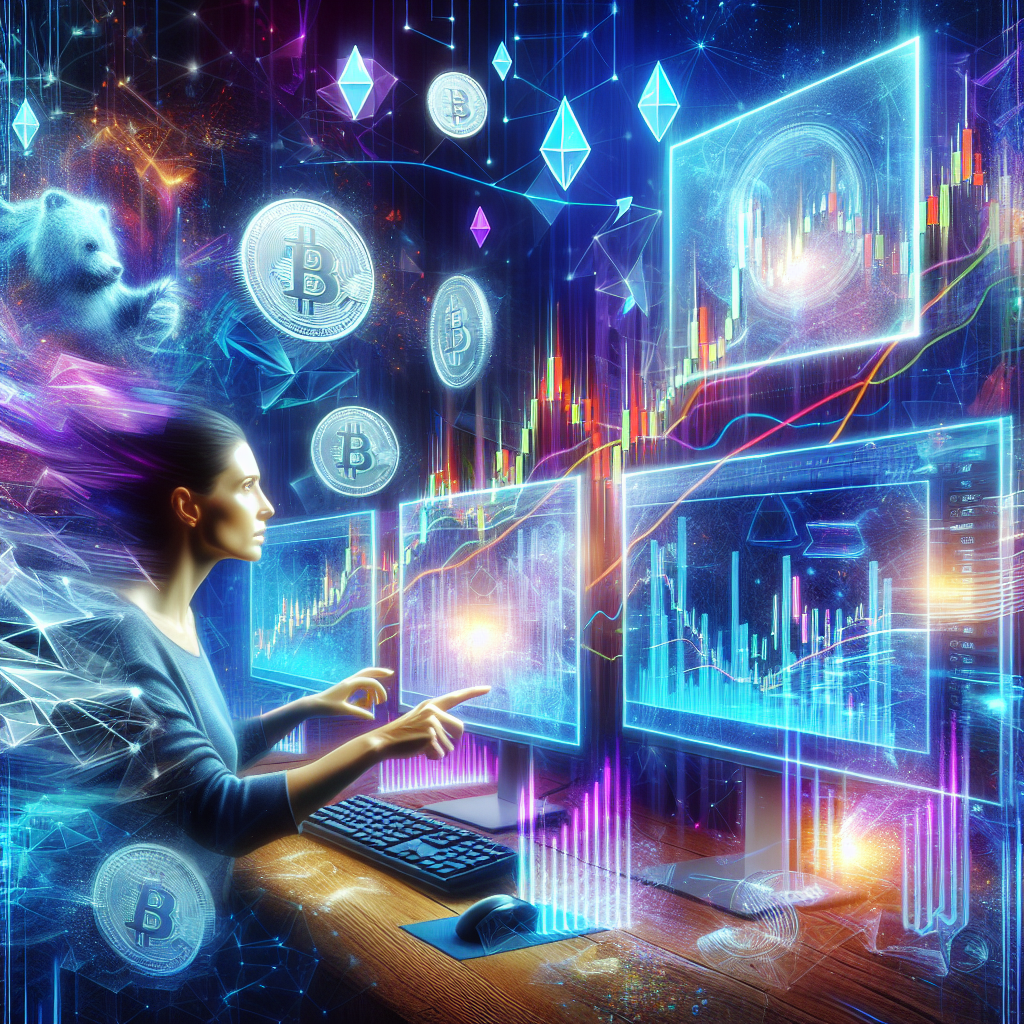 A vibrant illustration depicting advanced scalping strategies in cryptocurrency trading, featuring sharp and energetic visuals of candlestick charts, digital coins, and a trader analyzing data on multiple screens with a backdrop of an abstract blockchain landscape.