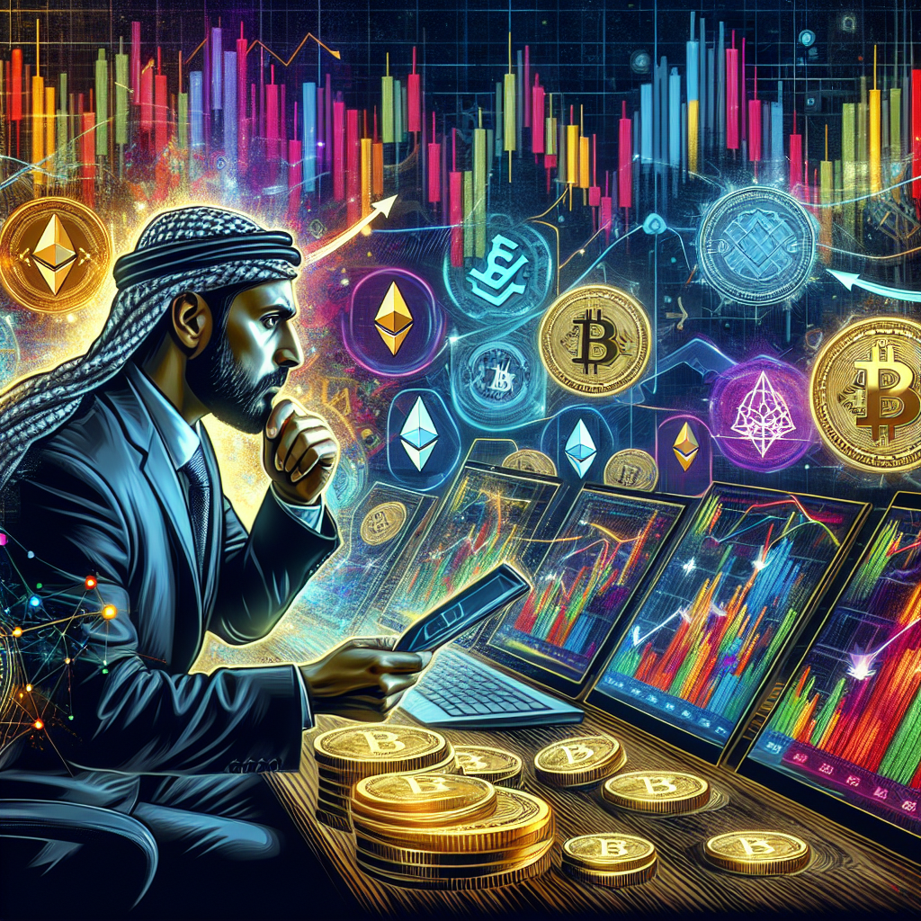 A dynamic and energetic illustration depicting the concepts of leverage and crypto scalping, featuring vibrant charts, cryptocurrency symbols, and a trader analyzing market trends.