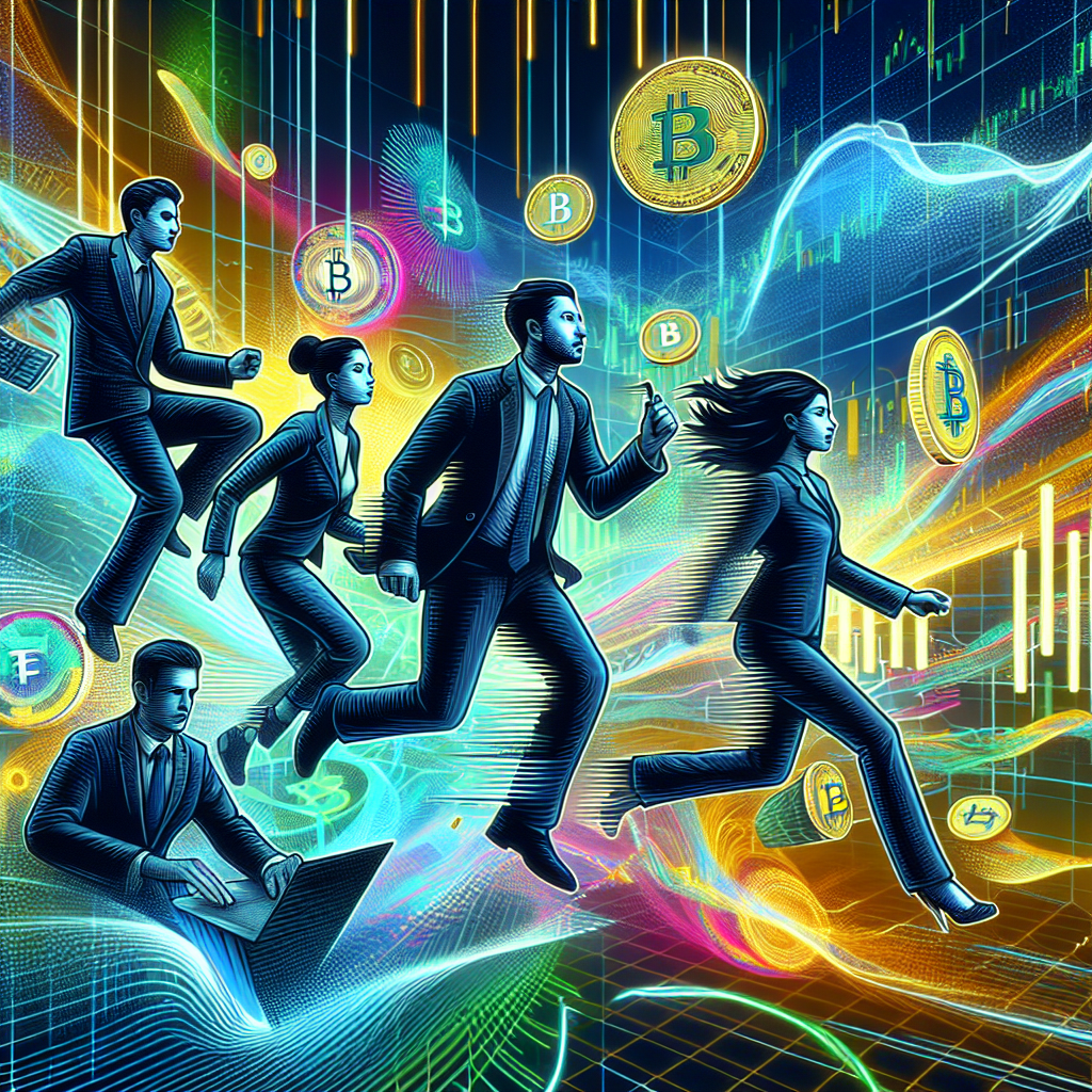 A vibrant and energetic illustration depicting a futuristic trading environment, showcasing crypto scalpers navigating market liquidity and slippage with dynamic charts and currency symbols.