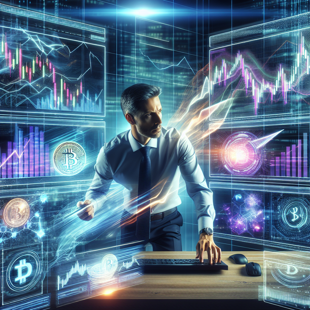 A vibrant and dynamic illustration depicting an account manager navigating the tumultuous world of high-volatility crypto markets, surrounded by fluctuating coin graphs, glowing digital currencies, and energetic market indicators.