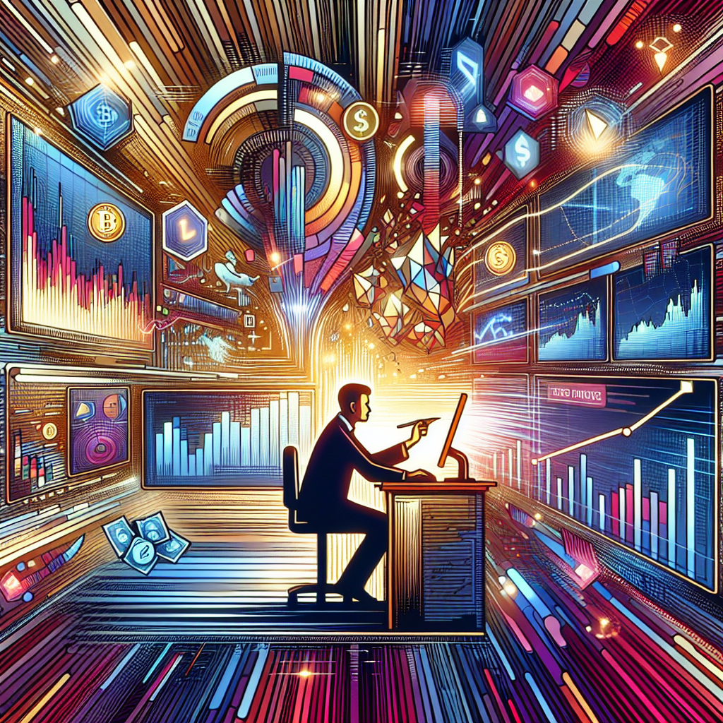 A vibrant and dynamic illustration depicting a trader focused on market movements influenced by news events, surrounded by digital charts, graphs, and crypto-themed visuals to convey high-energy trading scenarios.