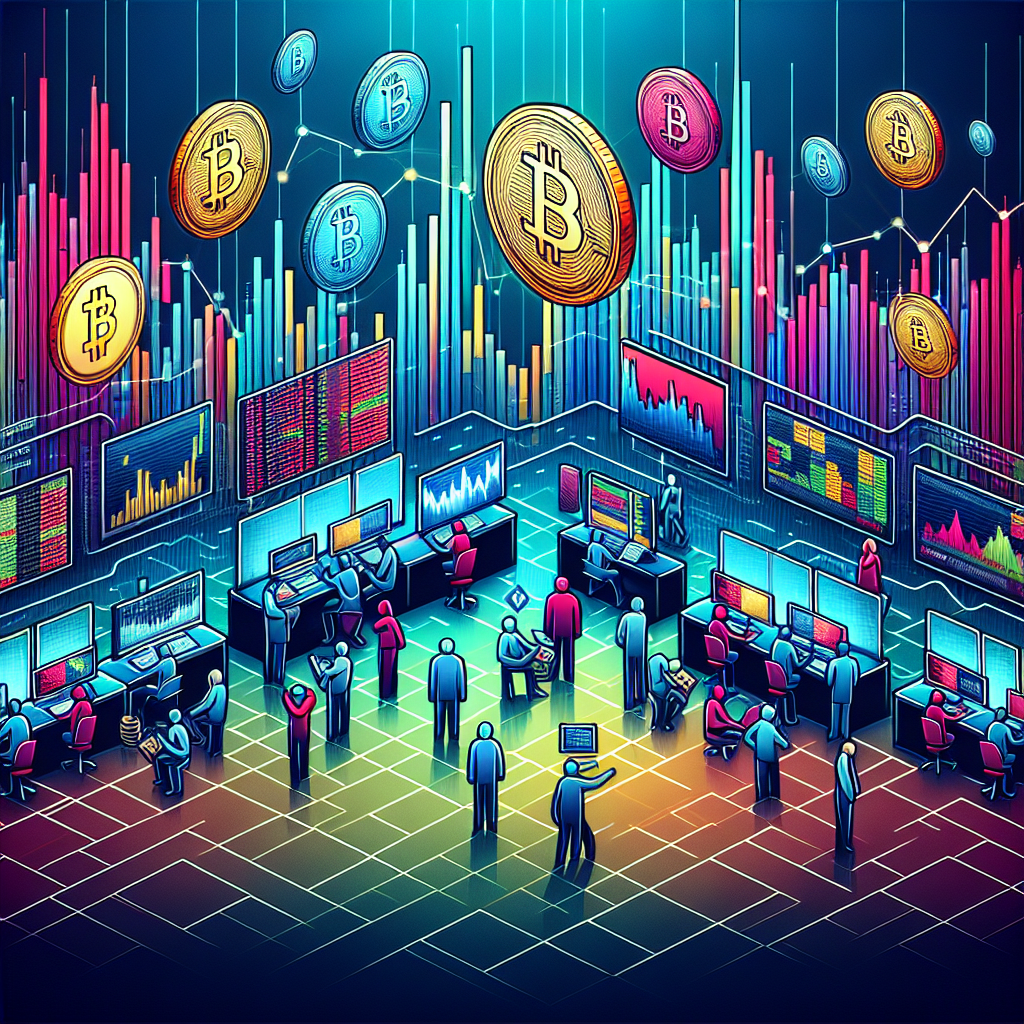 A vibrant illustration showcasing a dynamic trading scene with various cryptocurrencies, market graphs, news headlines, and animated figures representing traders reacting to market volatility. The colors are bold and energetic, symbolizing fast-paced market movements.