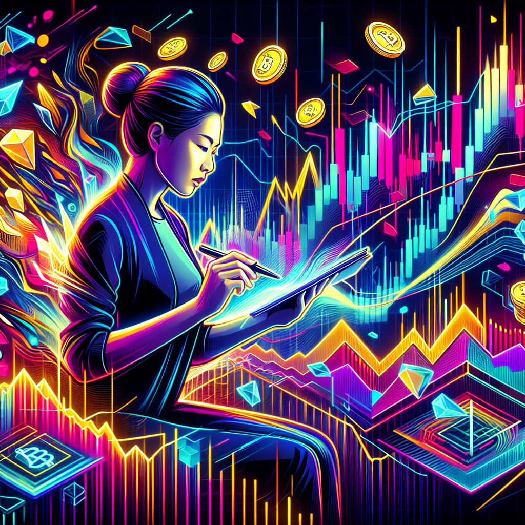 A vibrant and dynamic illustration of a trader analyzing cryptocurrency charts, with visuals representing liquidity and slippage, featuring abstract elements of digital coins and flowing graphs.