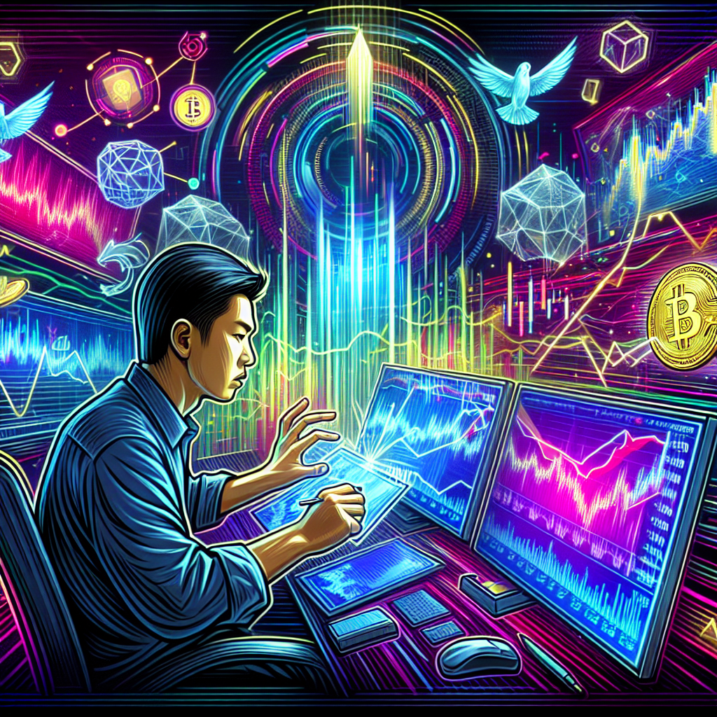 An energetic and vibrant illustration depicting a trader analyzing DeFi market trends, surrounded by digital charts, cryptocurrencies, and risk management tools in a futuristic setting.