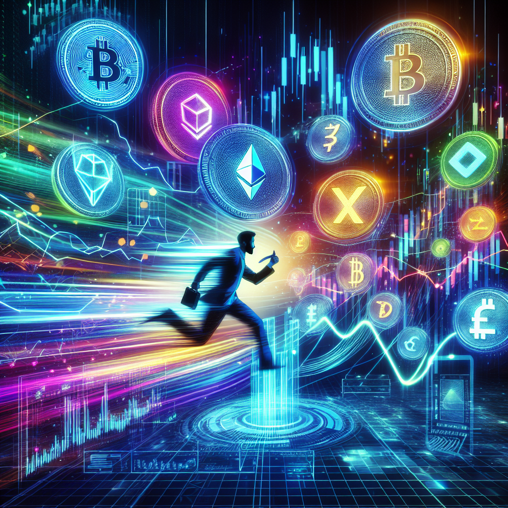 An abstract representation of a trader navigating a volatile crypto landscape, surrounded by sharp, energetic visuals of cryptocurrencies, trading charts, and digital elements.