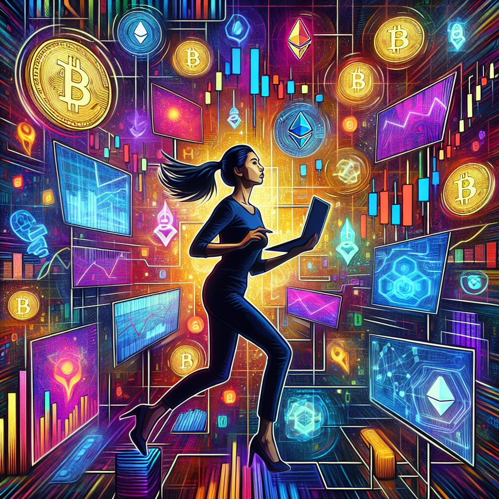 An energetic illustration depicting a trader surrounded by vibrant cryptocurrency symbols and digital graphs, showcasing the fast-paced world of crypto scalping with elements of psychology and focus.