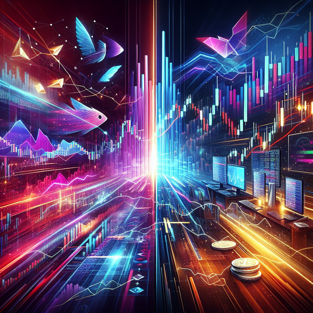 A vibrant and dynamic illustration depicting a split scene of small and large crypto accounts, showcasing contrasting trading strategies in a visually engaging, modern crypto-themed design filled with energetic graphics and data elements.